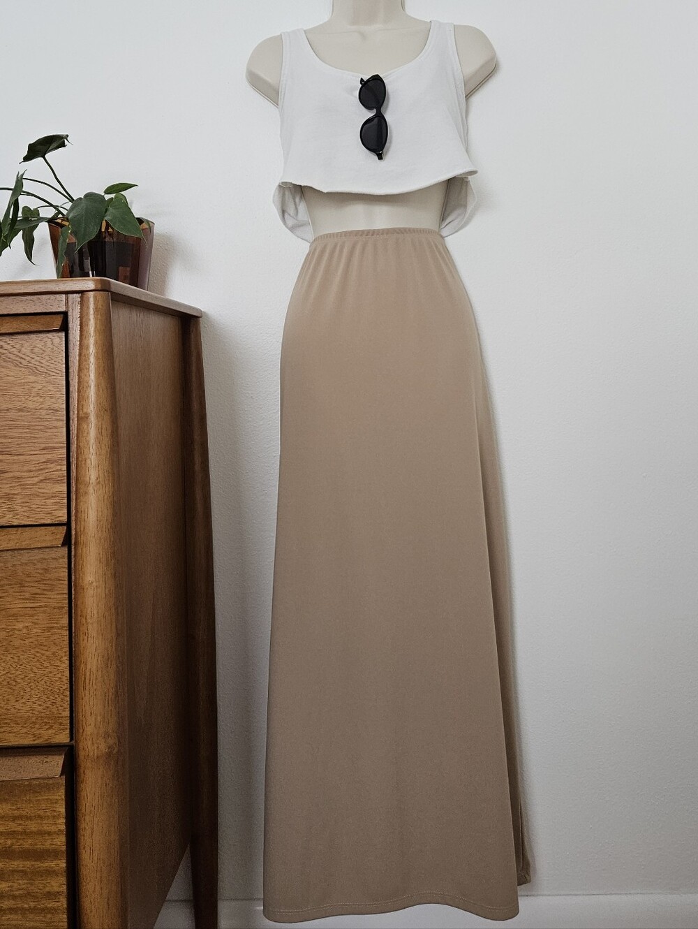 vintage tan grunge 90s y2k boho cottage indie urban stretchy neutral midi skirt